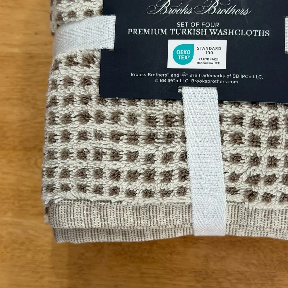 Brooks Brothers Set of 4 Premium Turkish Cotton Washcloths Taupe Ivory Grid NWT